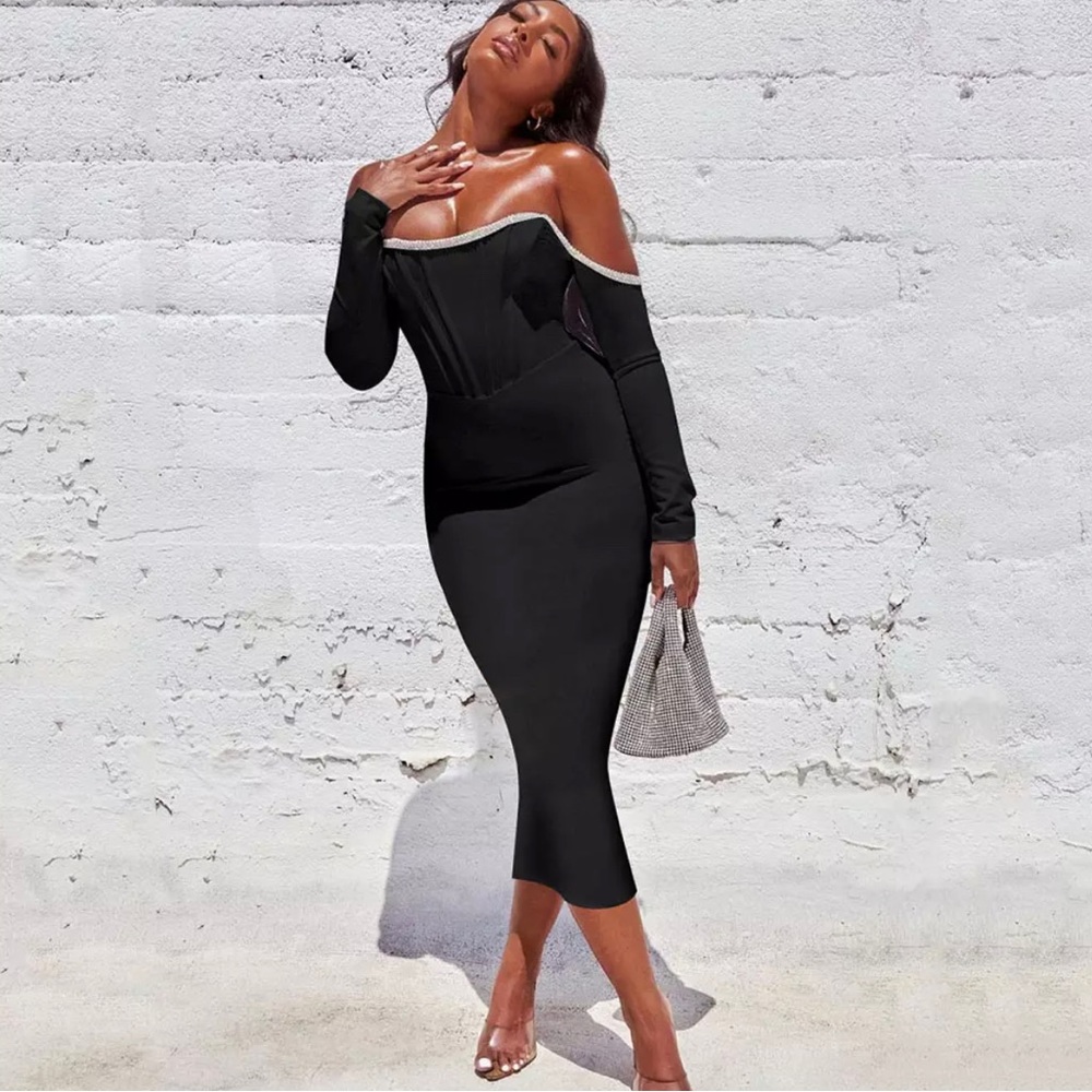 Black Bandage Dress w/ Rhinestone Trim • Off the shoulder • Long Midi length